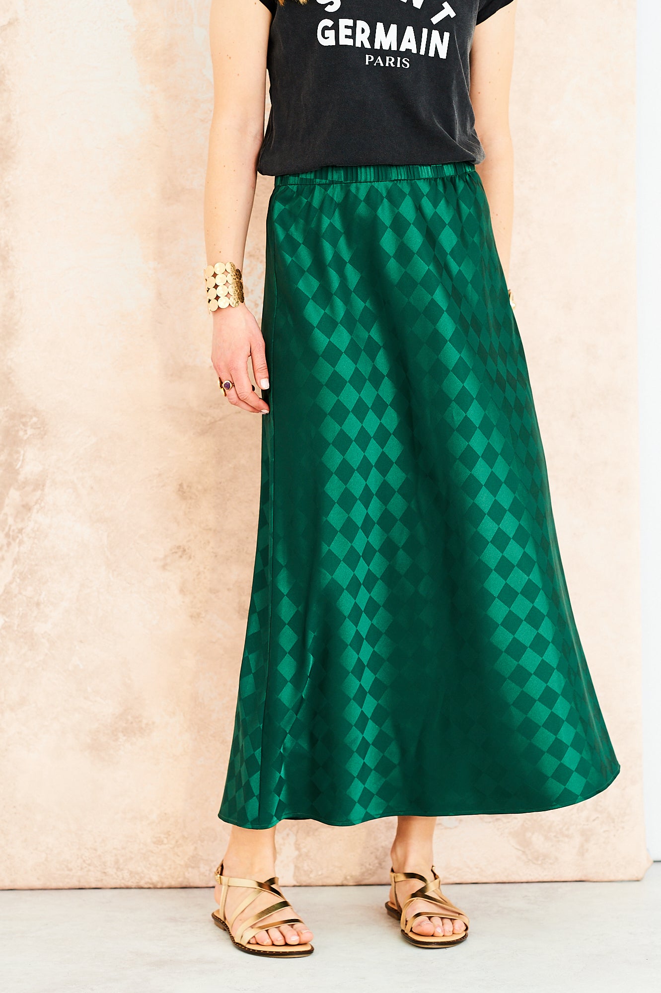 Tara satin skirt in green check – Wardrobe 44