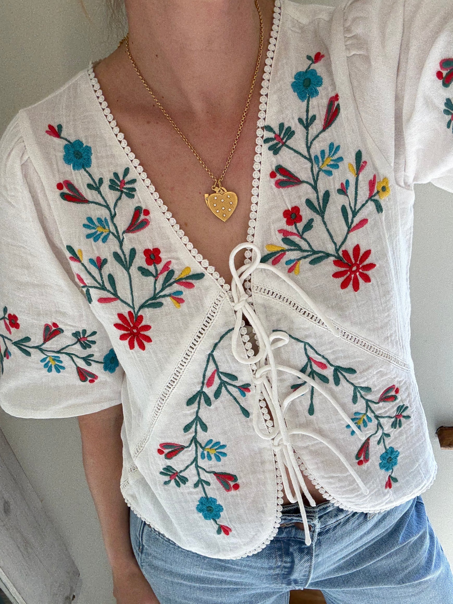 Embroidered white cotton top