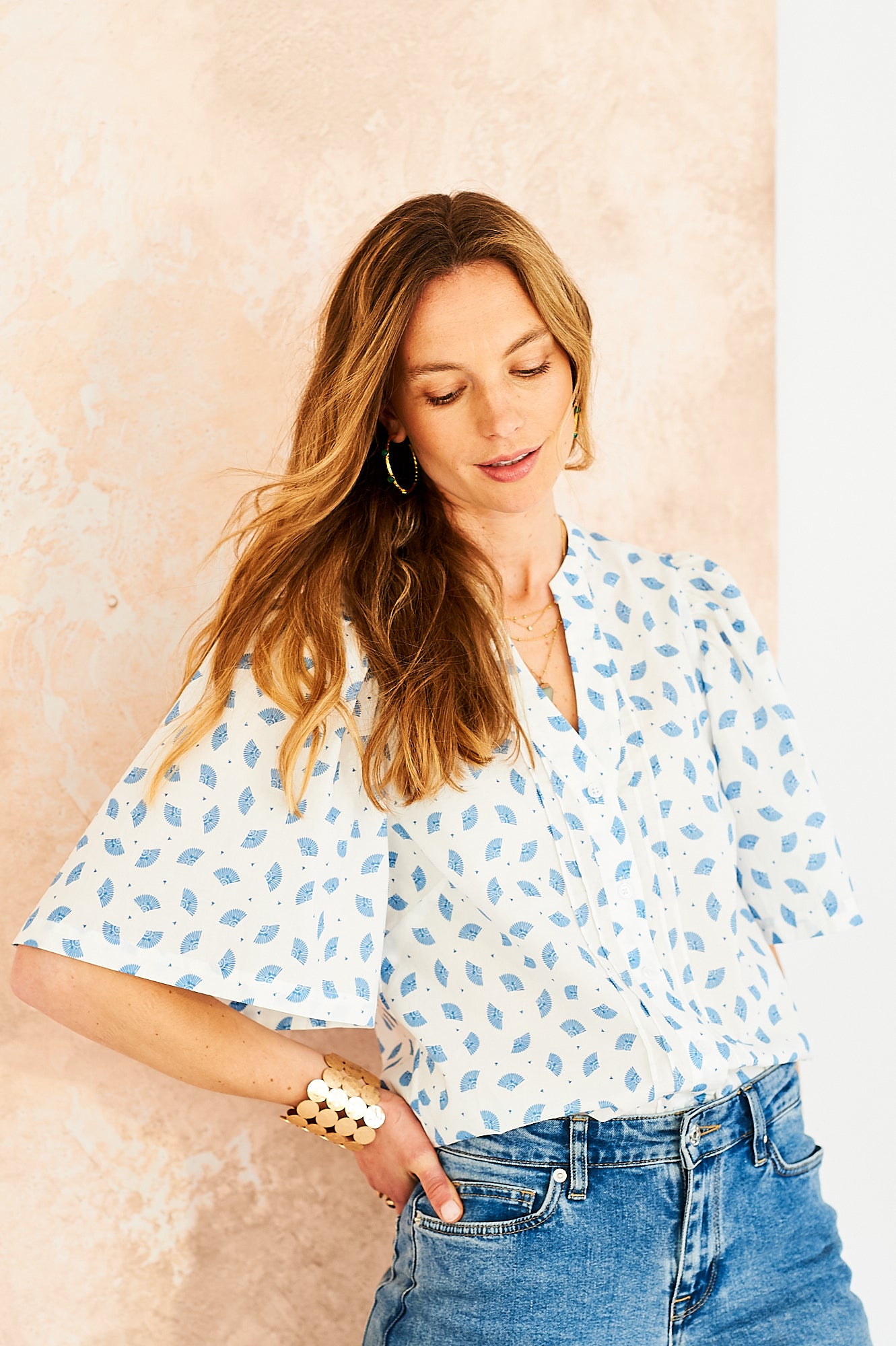 Penny fan print cotton blouse