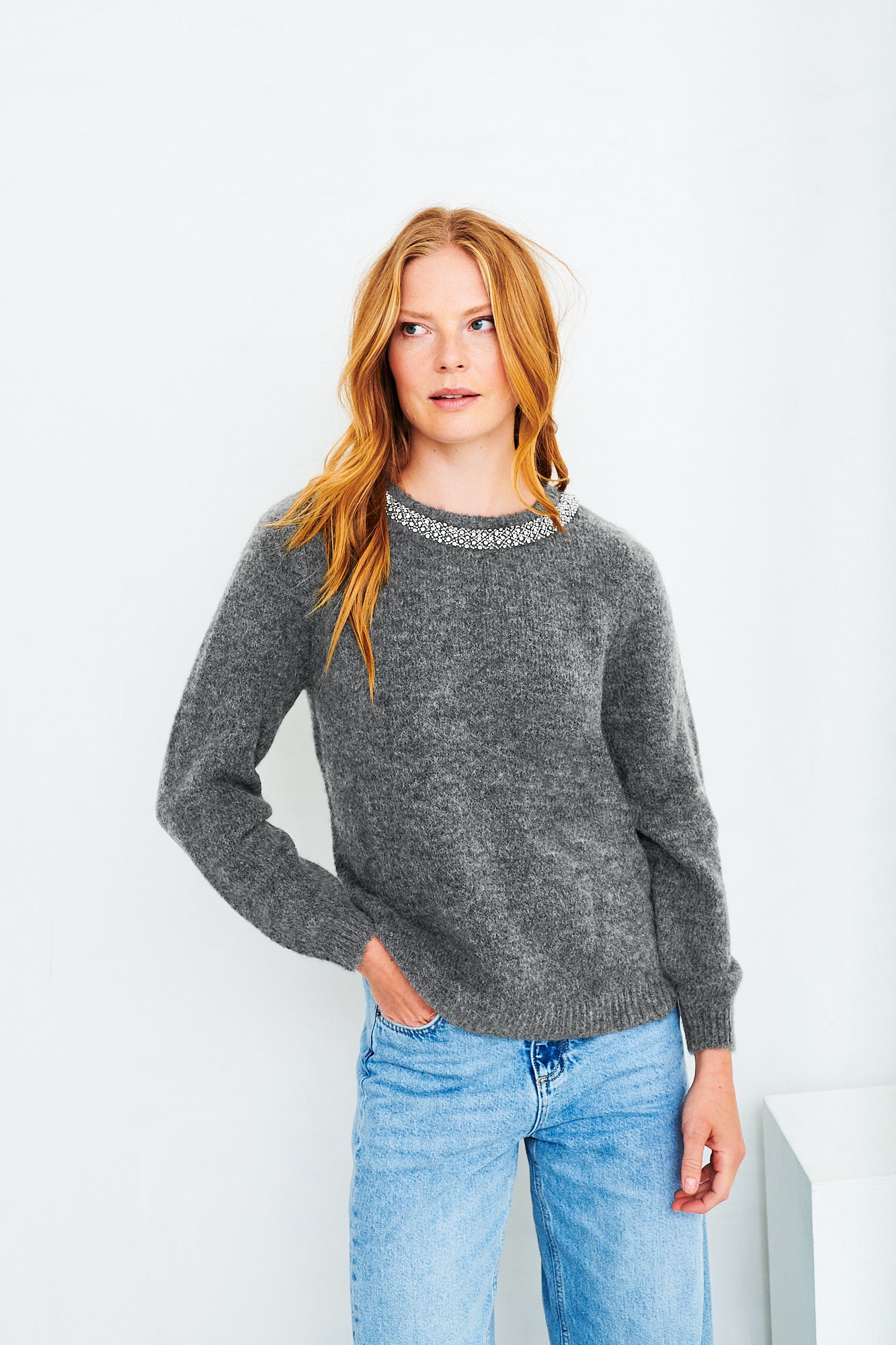 Embellished necklace jumper in grey