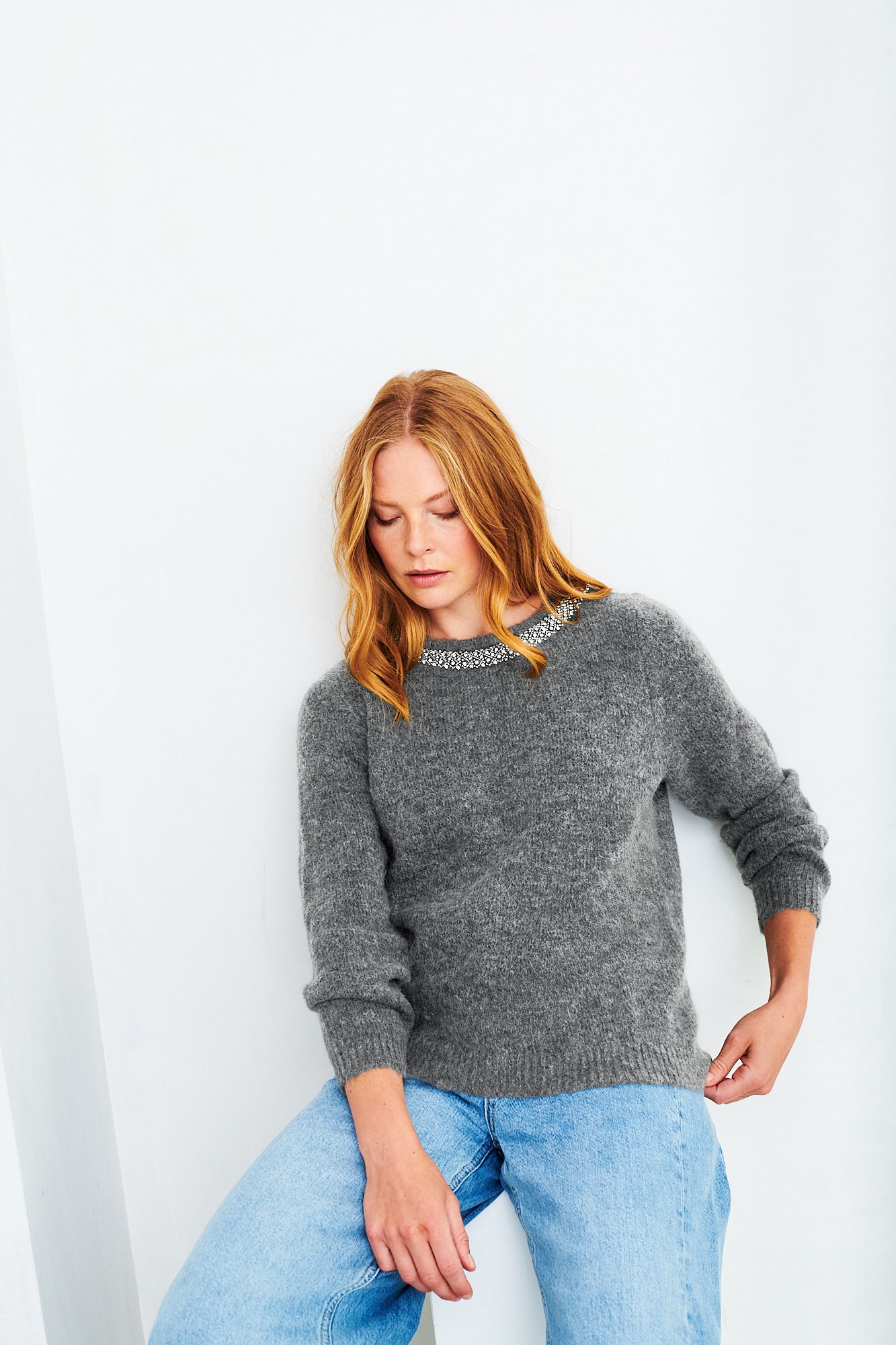 Embellished necklace jumper in grey