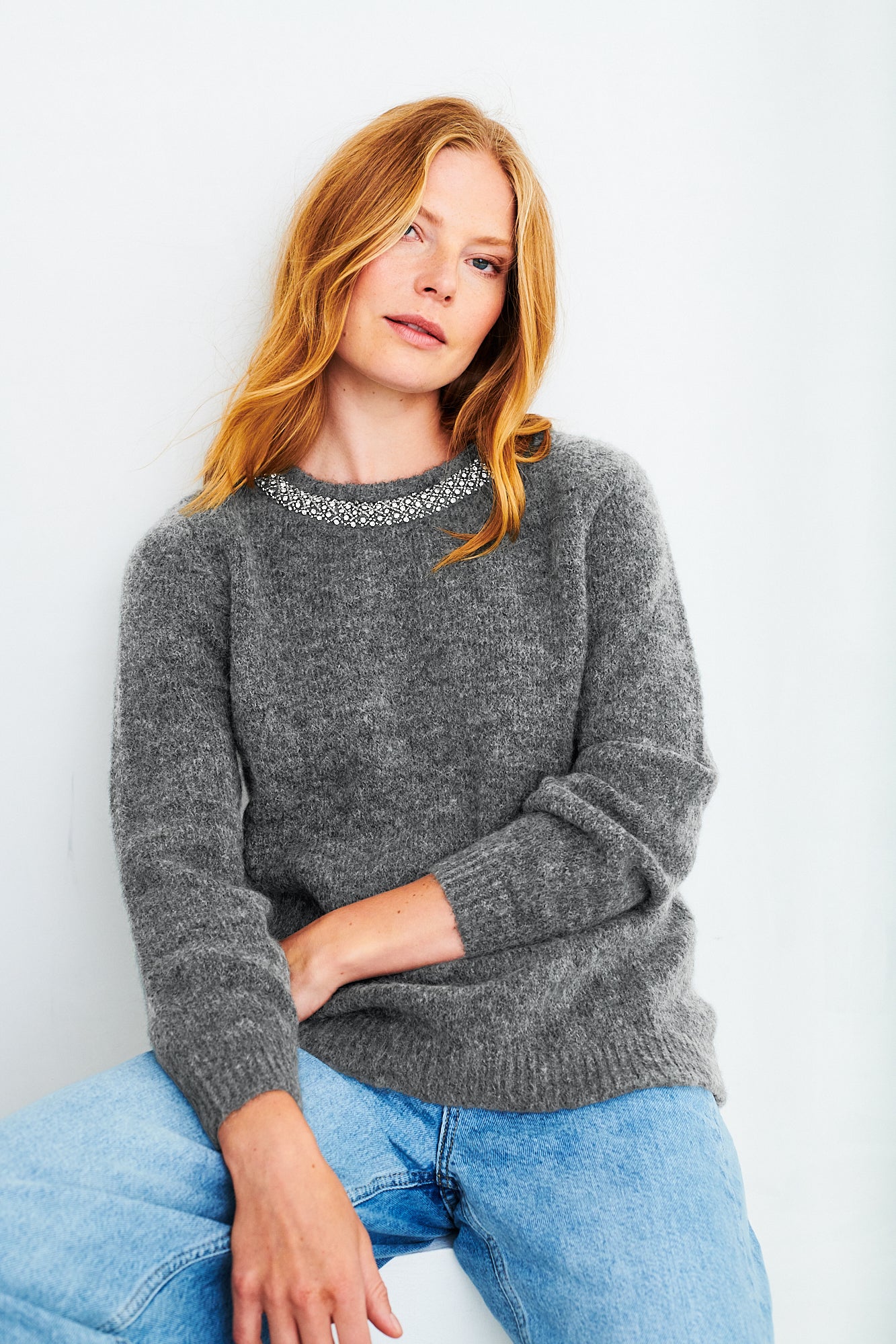 Embellished necklace jumper in grey
