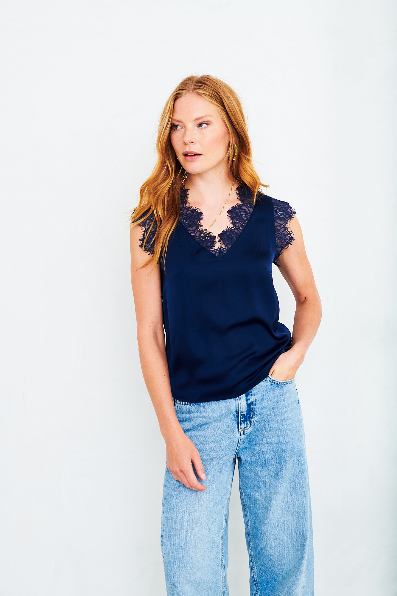 Kate lace trim top in navy