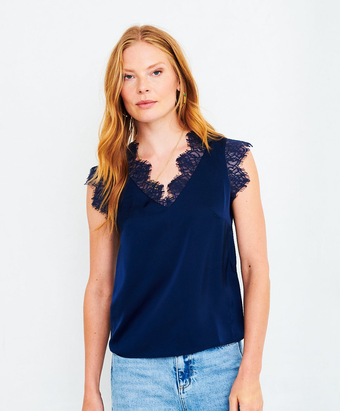 Kate lace trim top in navy