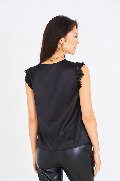 Kate lace trim top in black