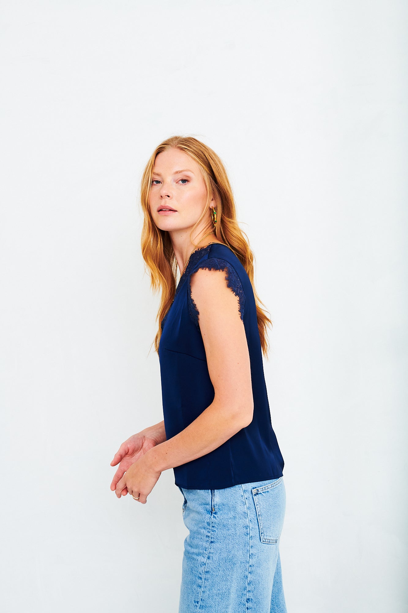 Kate lace trim top in navy