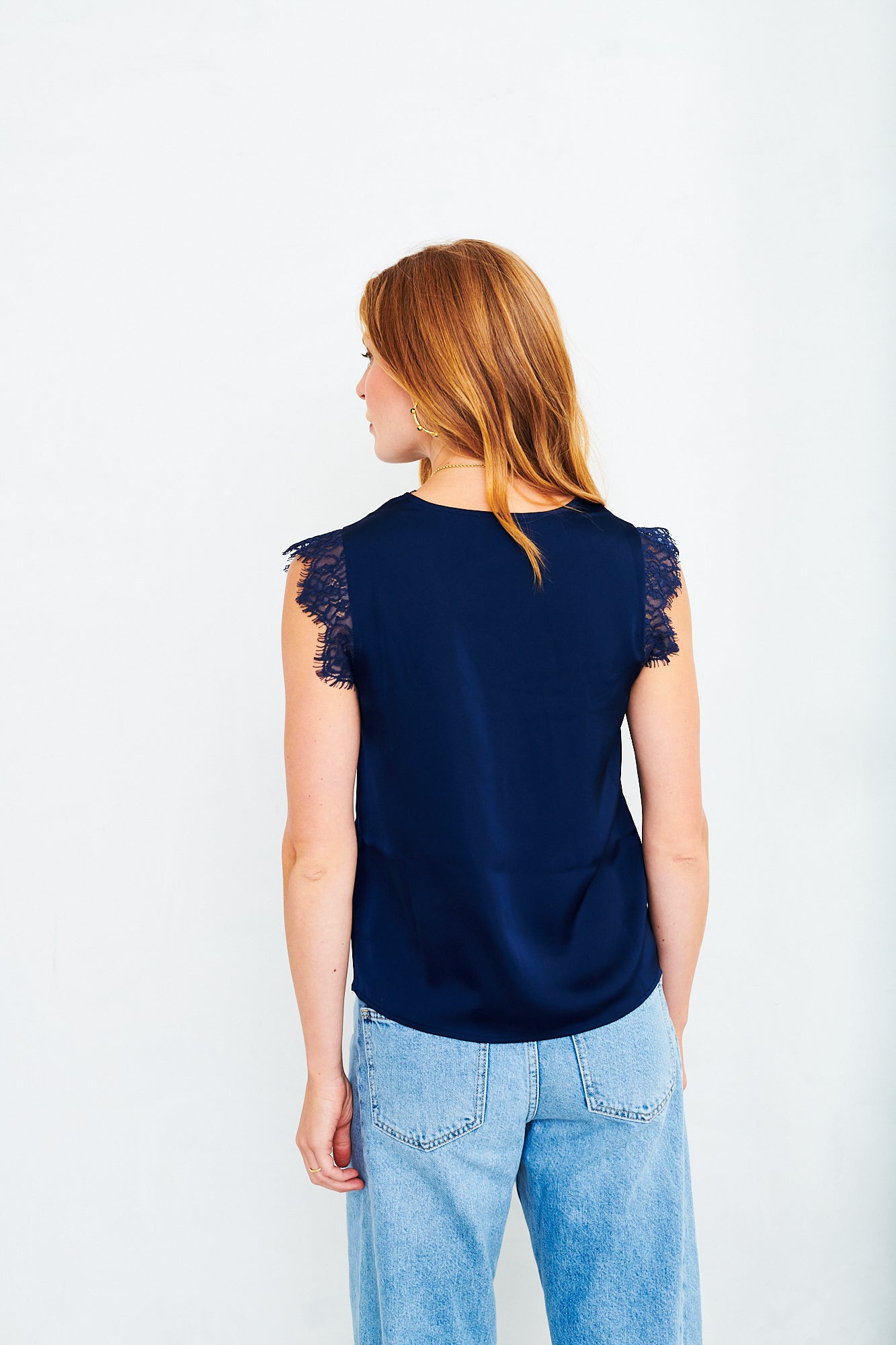 Kate lace trim top in navy