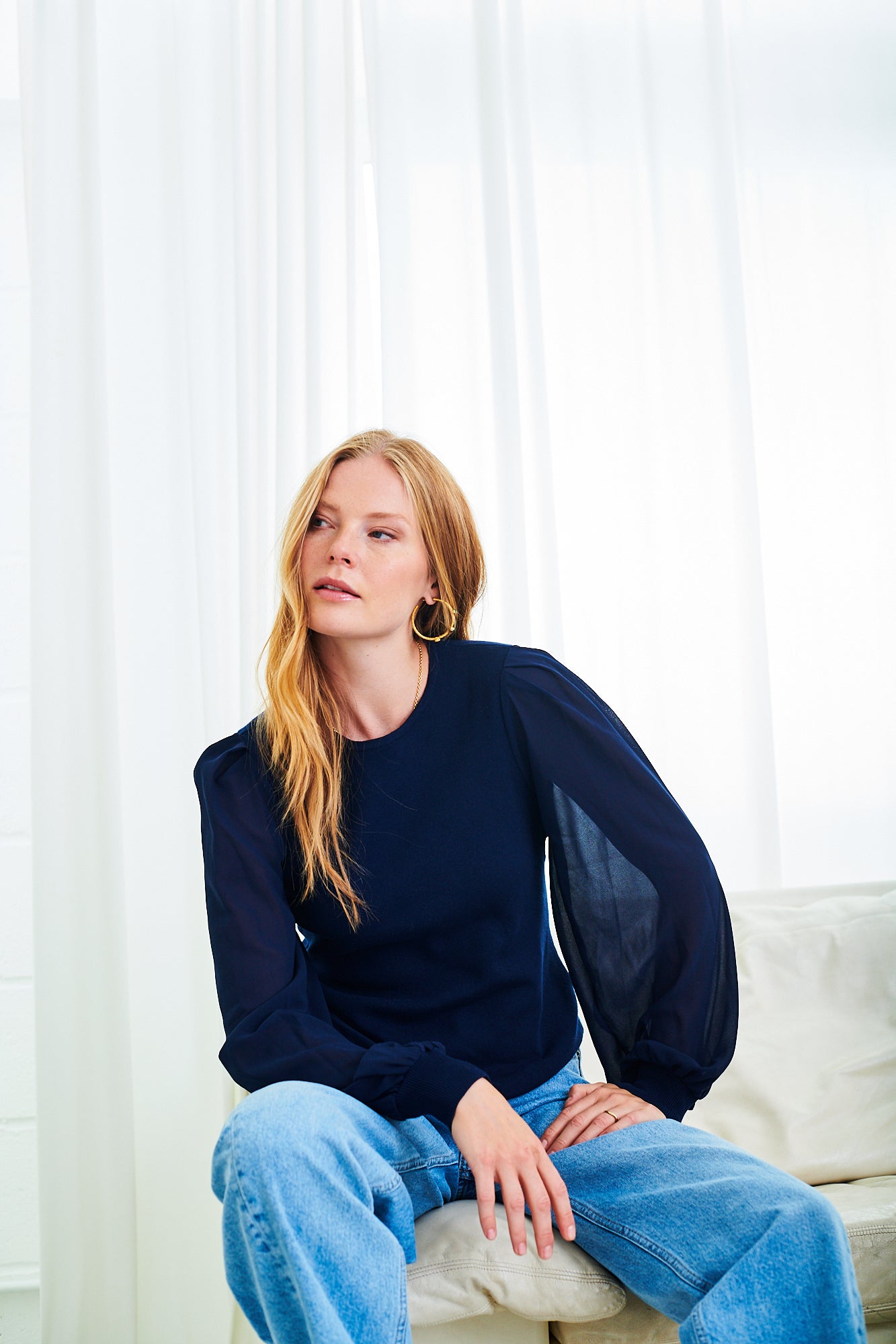 Leni chiffon sleeve jumper in navy