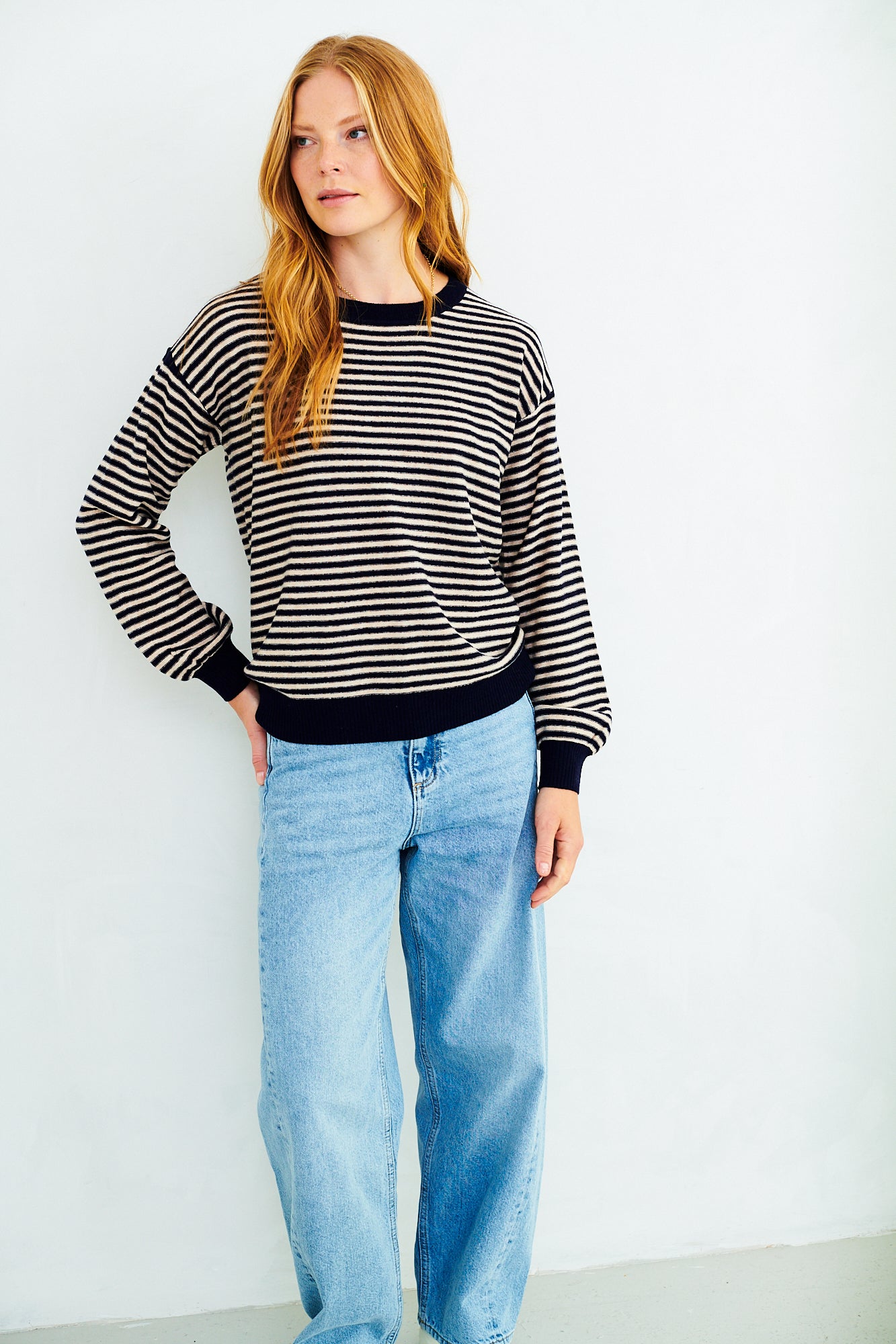 Cara Navy Striped 100% Merino Wool Jumper