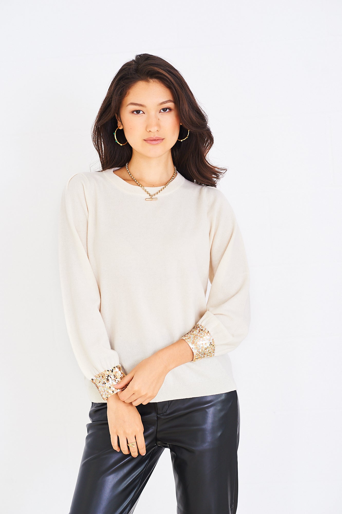 Nova sequin cuff merino knit in cream