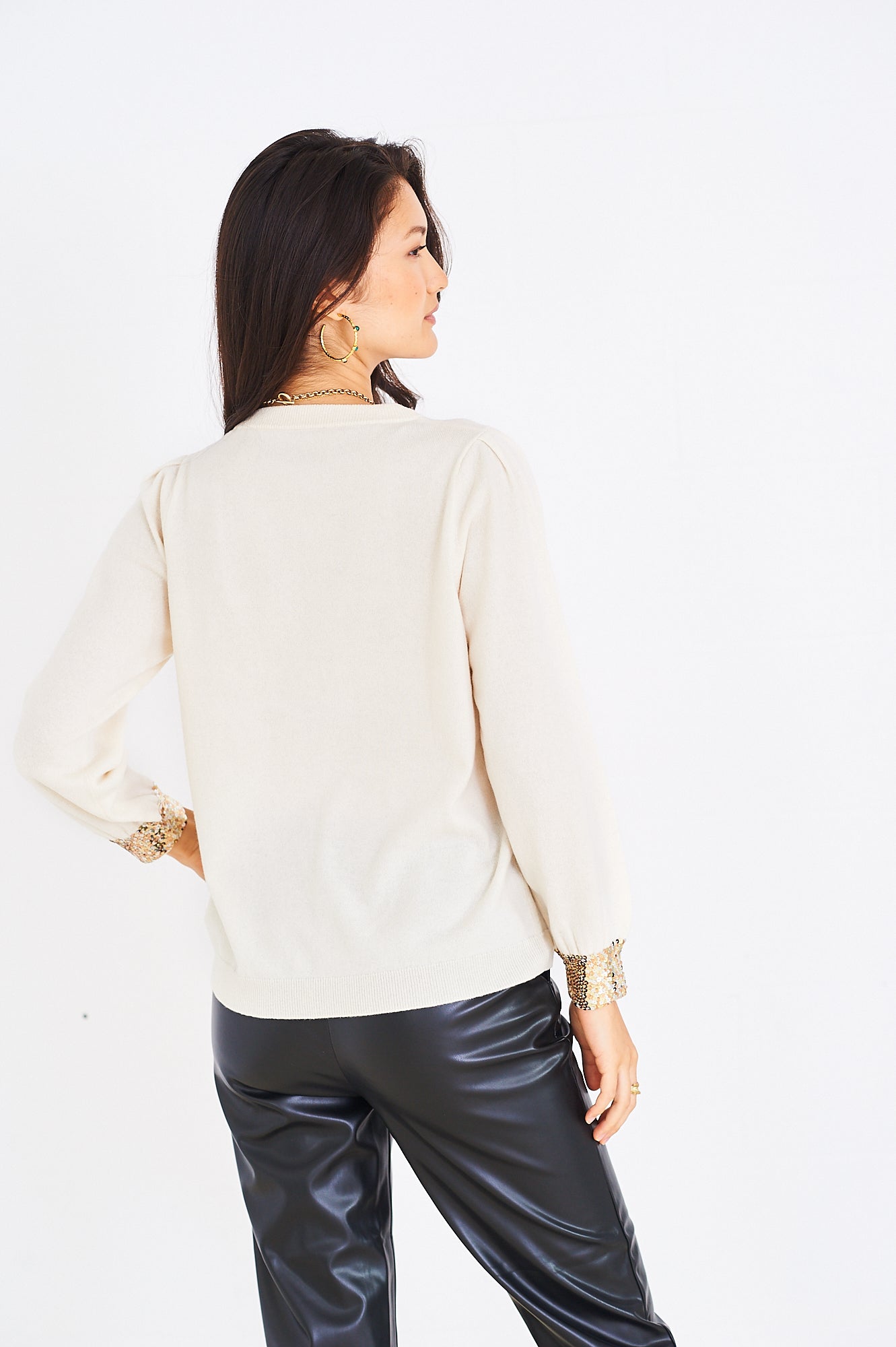 Nova sequin cuff merino knit in cream
