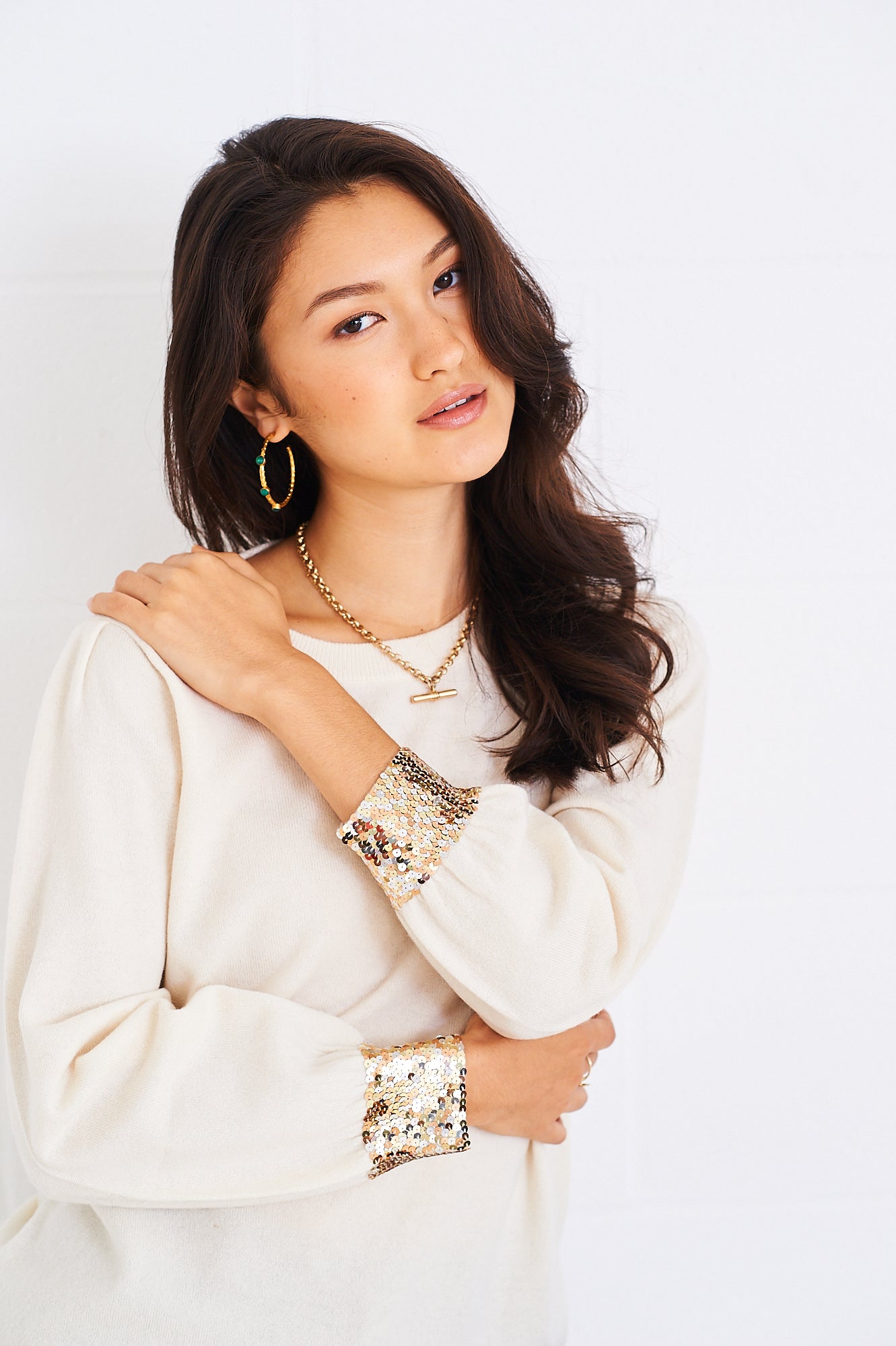 Nova sequin cuff merino knit in cream