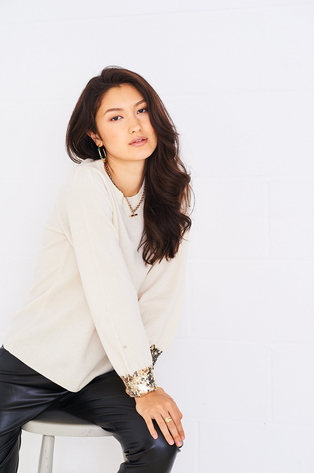 Nova sequin cuff merino knit in cream