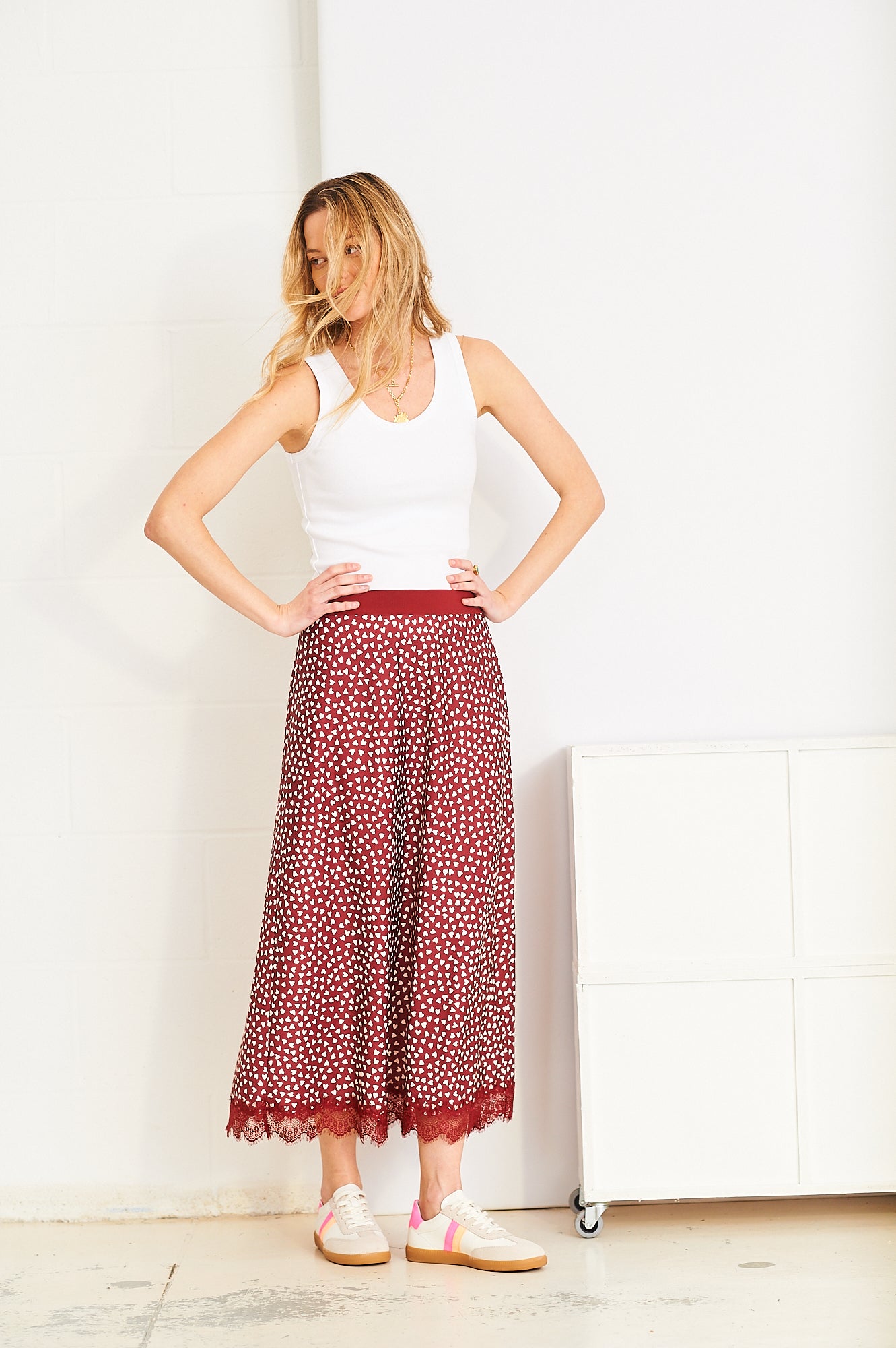 Valentina heart print skirt with lace trim