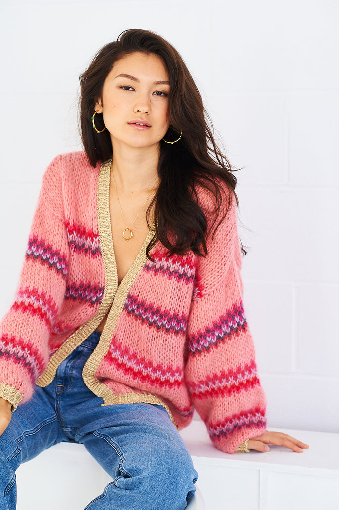 Tess mohair cardigan in pink with a lurex trim by Wardrobe 44