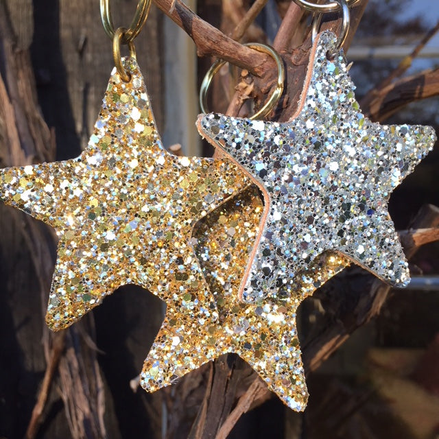 Glitter star keyring in gold and silver