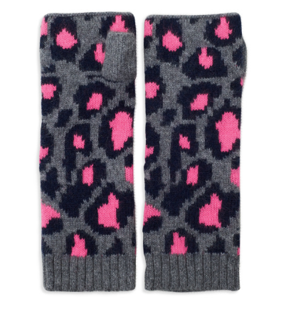 100% cashmere leopard print wrist warmers in pink/grey