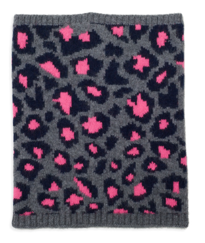 Leopard print cashmere snood in grey/pink