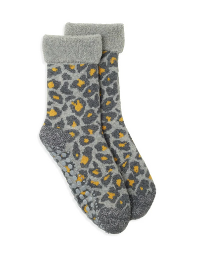 Leopard print wool-mix slipper socks in grey/yellow
