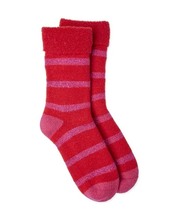 Pink/red lurex striped wool-mix slipper socks