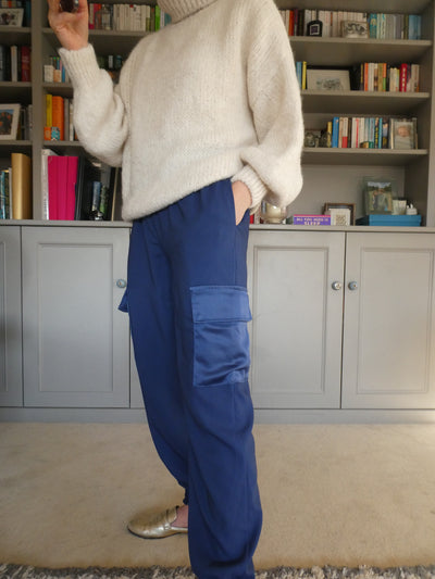 Amber satin pocket trousers in Persian Blue