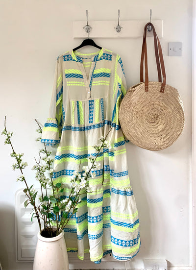 Mykonos long dress in blue and neon yellow