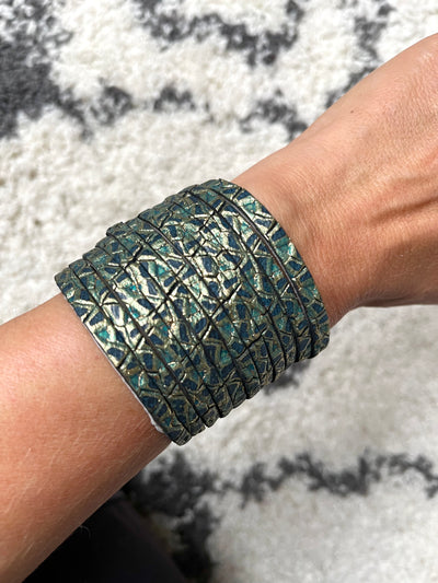 Limited Edition Wide leather cuffs in green/blue mosaic