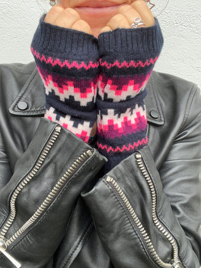 She’s Electric navy fairisle cashmere wristwarmers