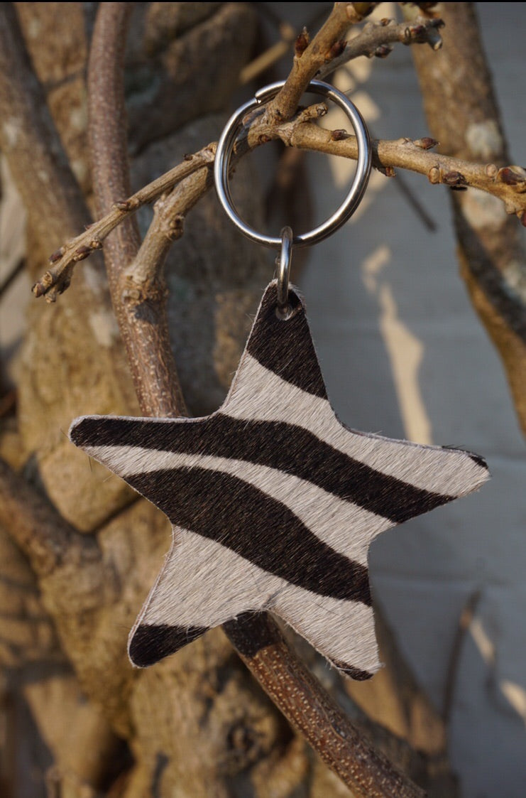 Zebra print handmade leather star keyring