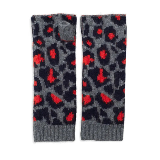 Leopard print cashmere wrist warmers in grey/orange/navy