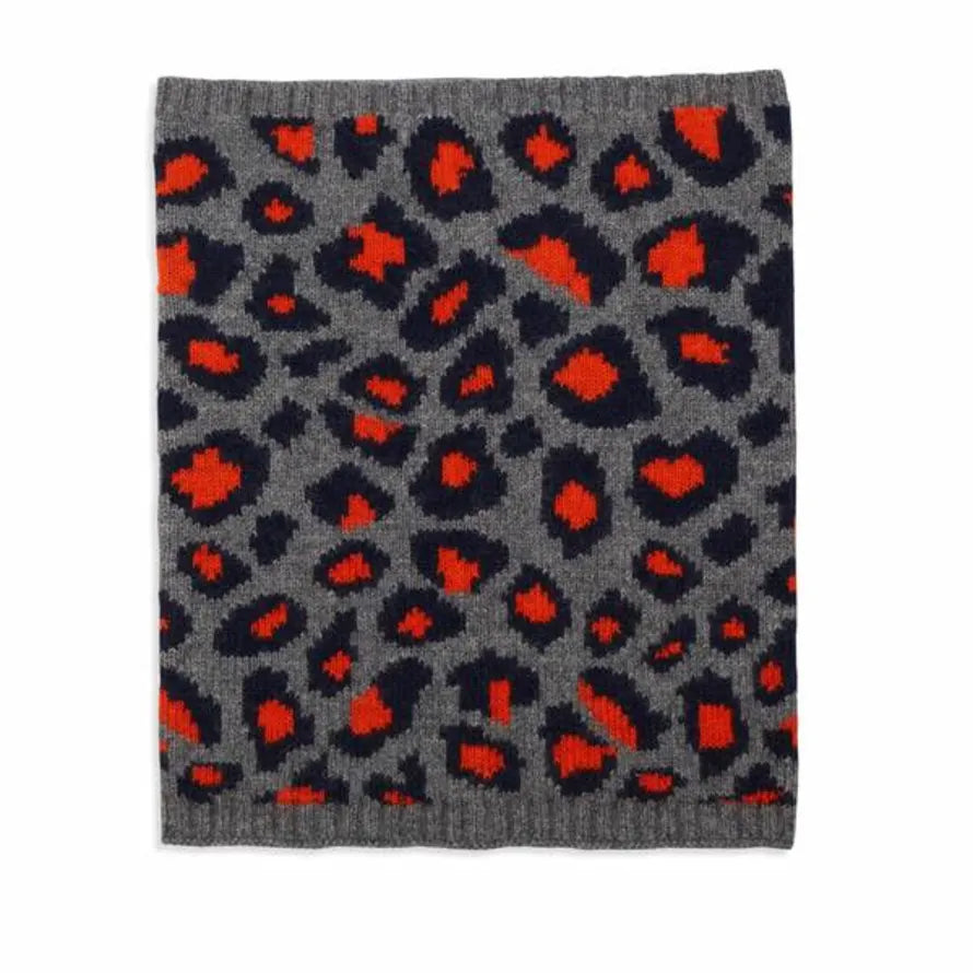 Leopard print cashmere snood in grey/orange/navy